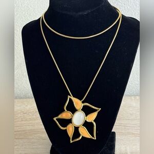 Vintage Monet Gold Tone White Lucite Orange Enamel Flower Pendant Necklace 28”